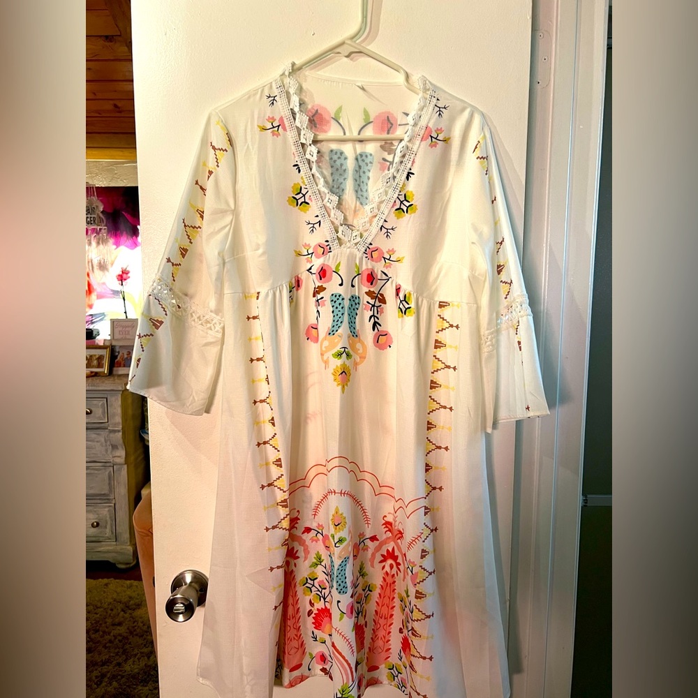 Boho pink and blue floral beachy Cover Up. Like new. Add a belt and go!